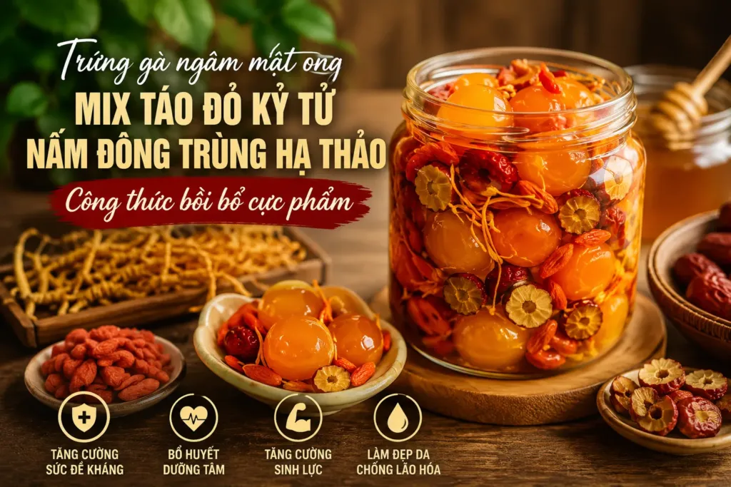 Trứng gà ngâm mật ong mix táo đỏ kỷ tử nấm đông trùng hạ thảo: Công thức bồi bổ cực phẩm 2 Trứng gà ngâm mật ong mix táo đỏ kỷ tử nấm đông trùng hạ thảo: Công thức bồi bổ cực phẩm